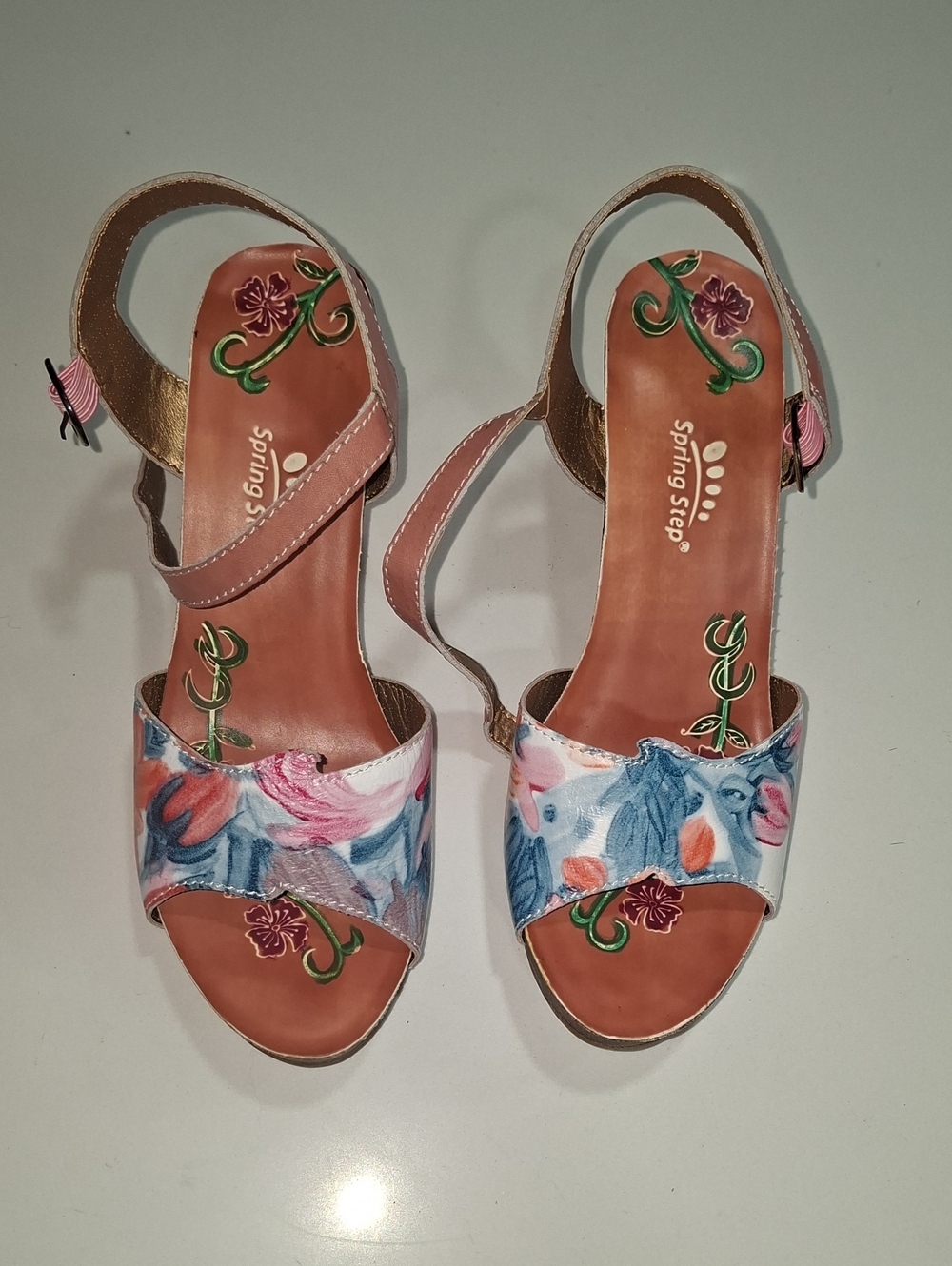 Spring Step Floral Pink Blue Open-Toe Slingback Heels